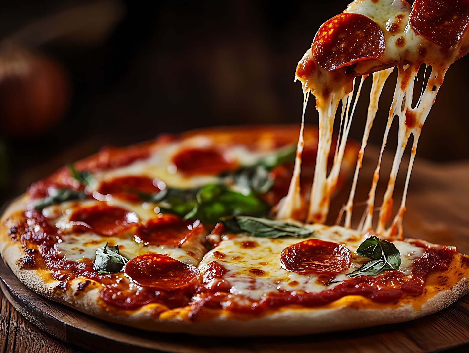 Pizza with pepperoni and herbs on top