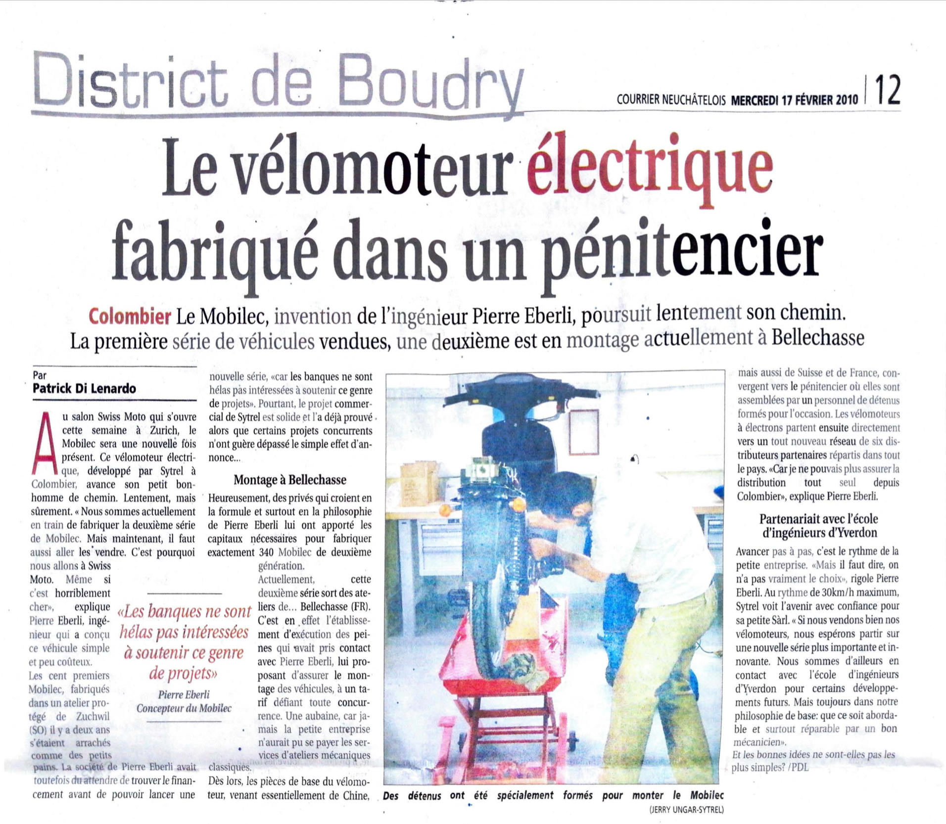 A newspaper article titled district de boudry le velomoteur electrice fabrique dans un penitencier