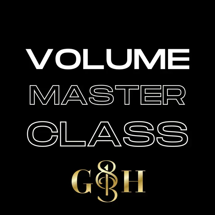 A black background with white text that says volume master class