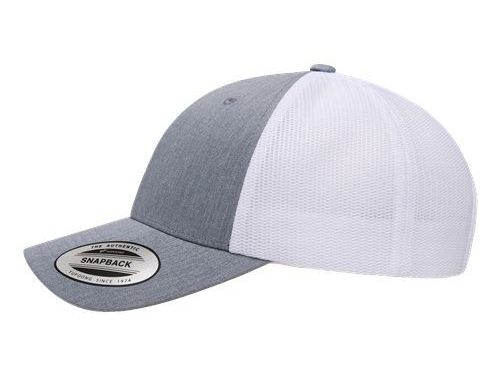 A grey and white baseball cap on a white background.