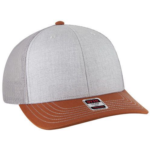 A grey and brown baseball cap with a brown brim on a white background.