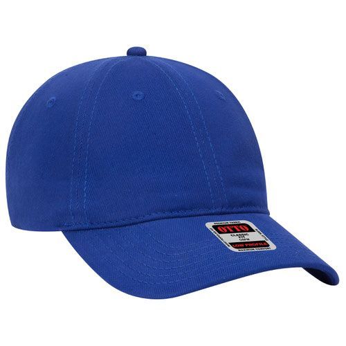 A close up of a blue baseball cap on a white background