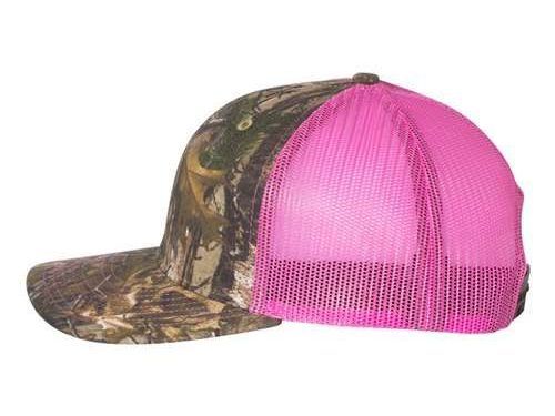 A pink trucker hat with a camouflage pattern and a pink mesh back.