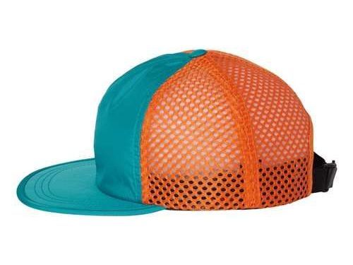 A blue and orange hat with a mesh back on a white background.