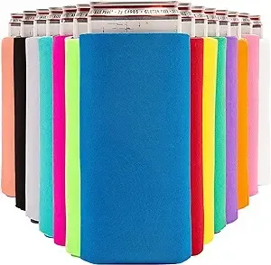 A bunch of can coolers of different colors are lined up in a row.