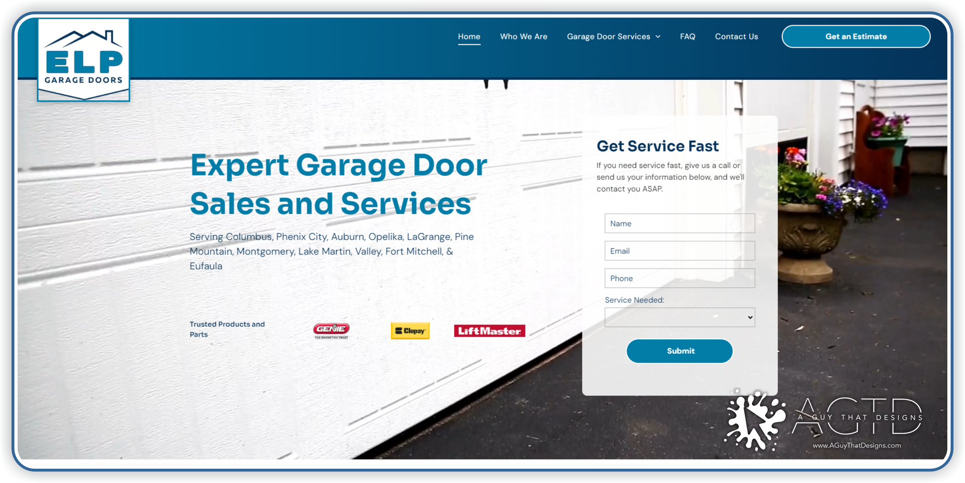A screenshot of a website for expert garage door sales and services.