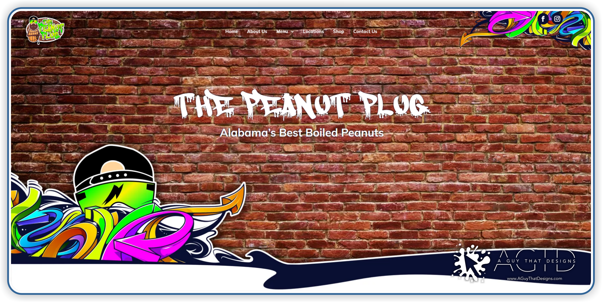 A brick wall with graffiti on it that says the peanut plug