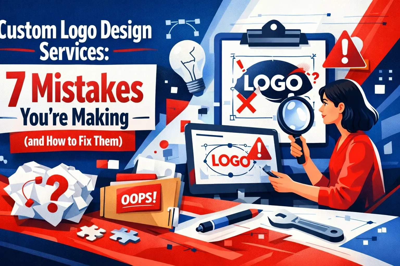 Graphic illustrating custom logo design services, highlighting 7 common mistakes and solutions. A designer is examining a logo with a magnifying glass.