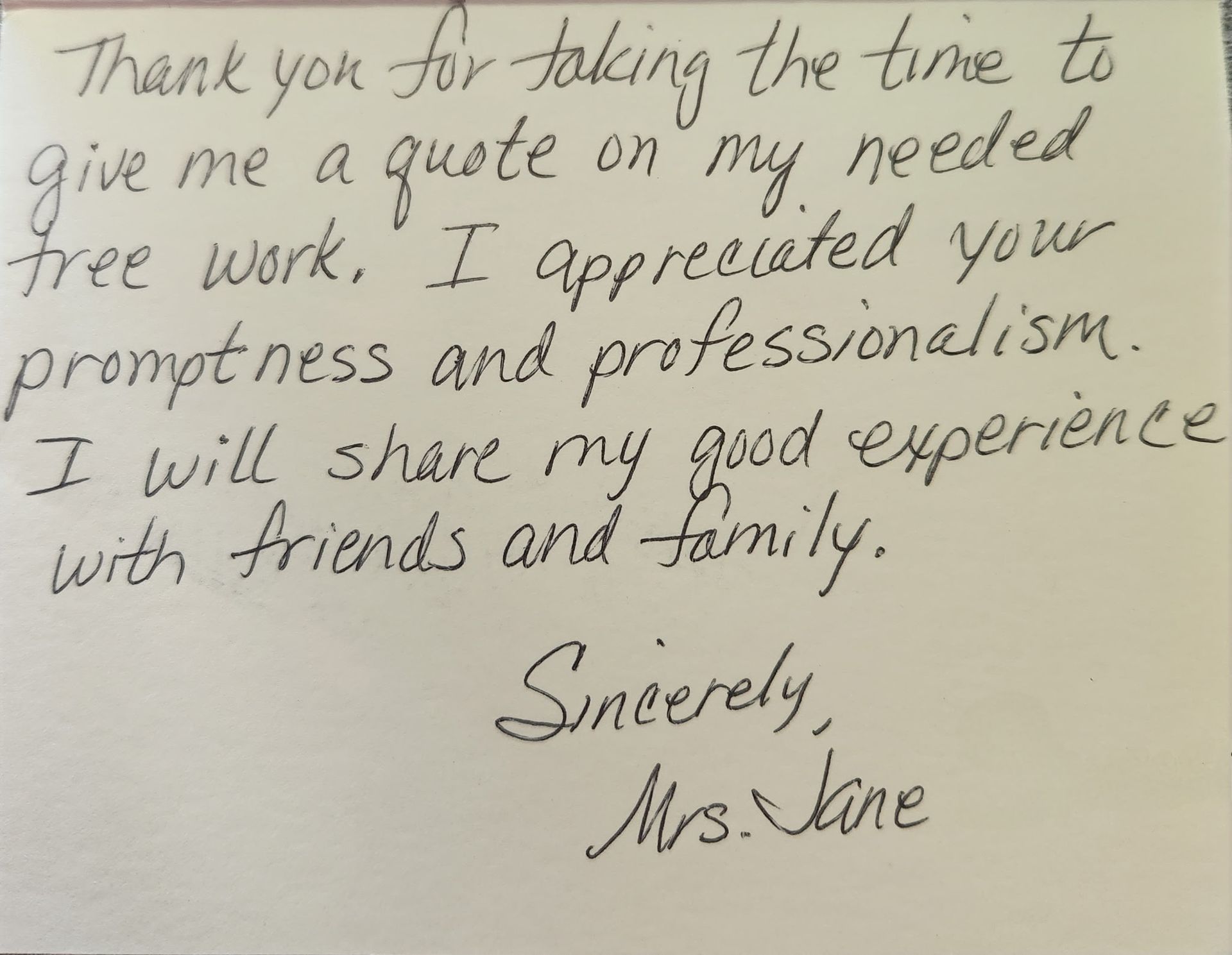 A handwritten thank-you note from Mrs. Jane expressing appreciation for a prompt and professional tree service quote.
