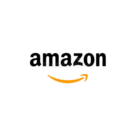 the amazon logo is on a white background with an orange arrow .