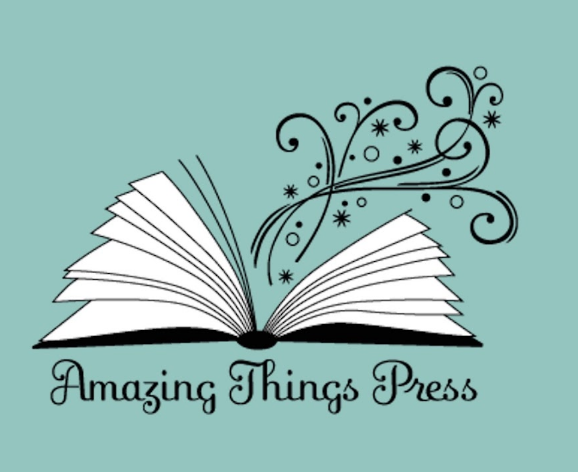 a logo for amazing things press shows an open book with swirls coming out of it