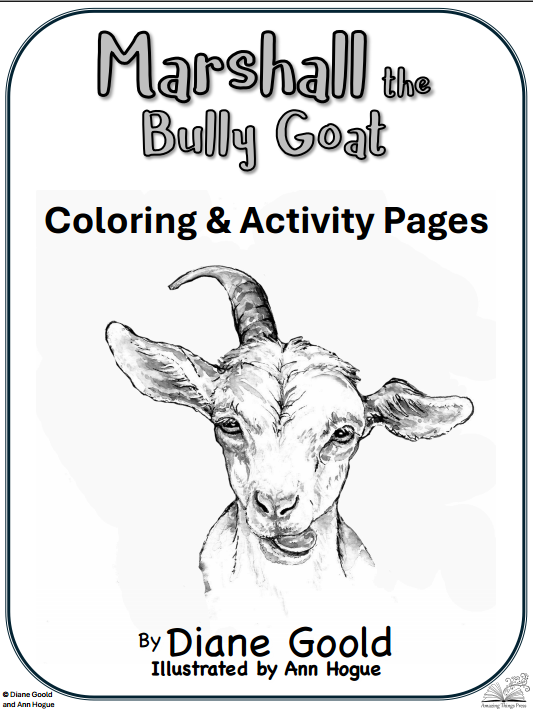 Cover of the coloring and activity book Marshall the Bully Goat, featuring a line-art illustration of a goat.