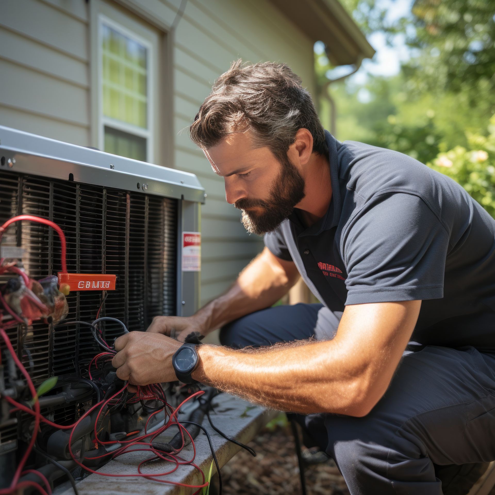 A man is working on an air conditioner outside of a house in Tempe, AZ