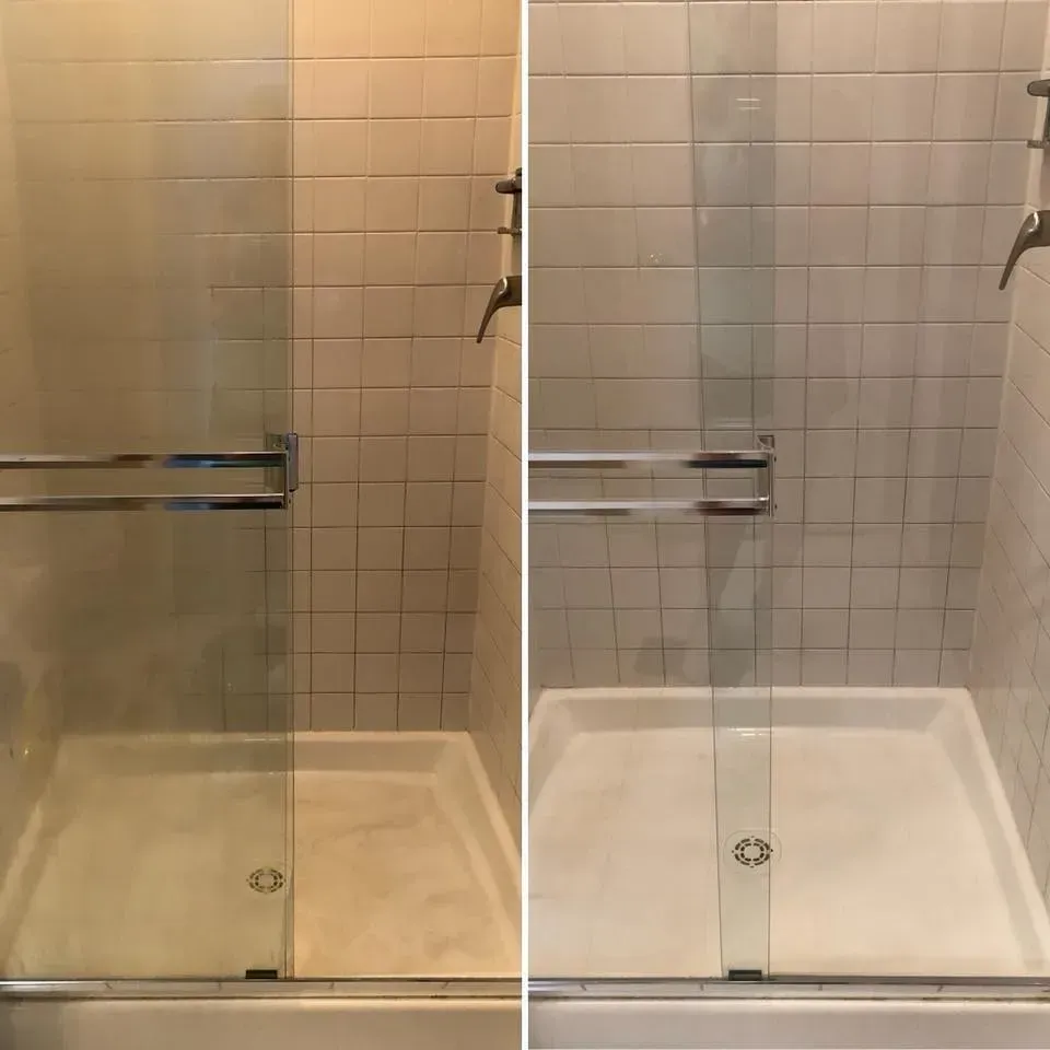 Comparison: Shower glass before and after cleaning, showing noticeable improvement in clarity.
