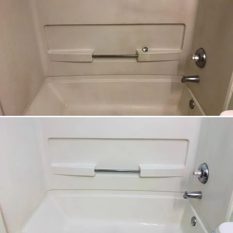 Comparison of a dirty and clean bathtub. Top: dull, stained tub. Bottom: Bright, clean tub.