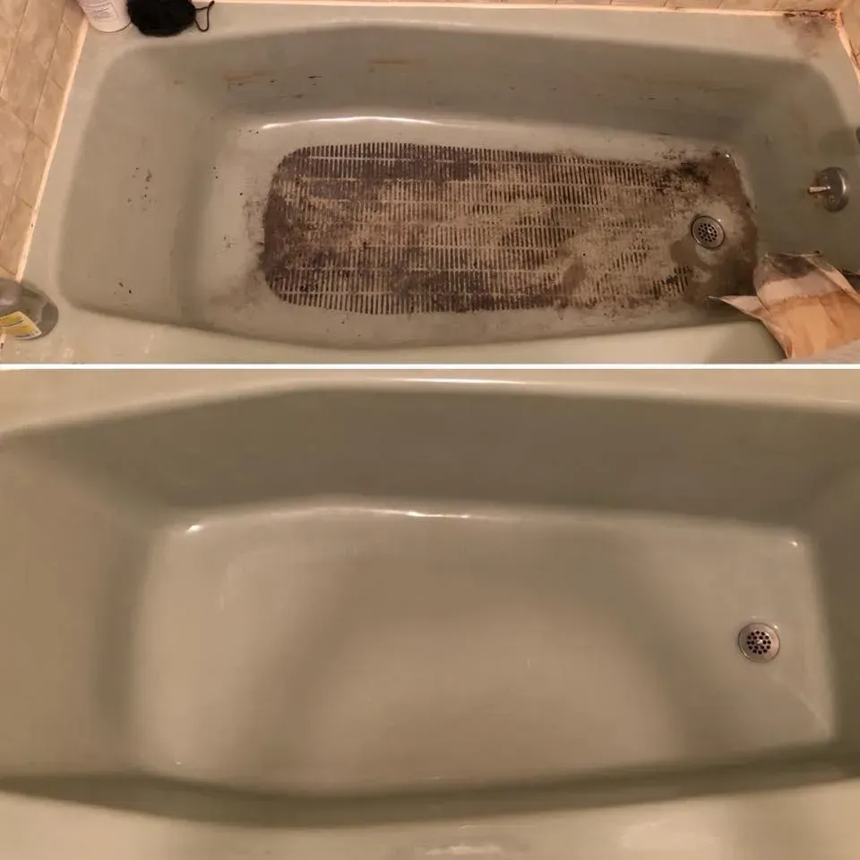 Before and after of a green bathtub. The top photo shows the dirty tub; the bottom shows the cleaned tub.