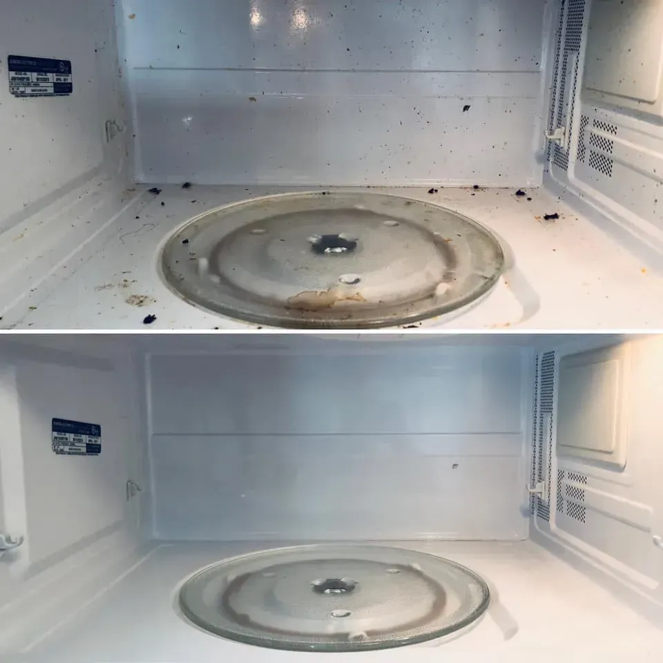 Before and after of a dirty microwave interior, then cleaned, showing food residue and a clean surface.