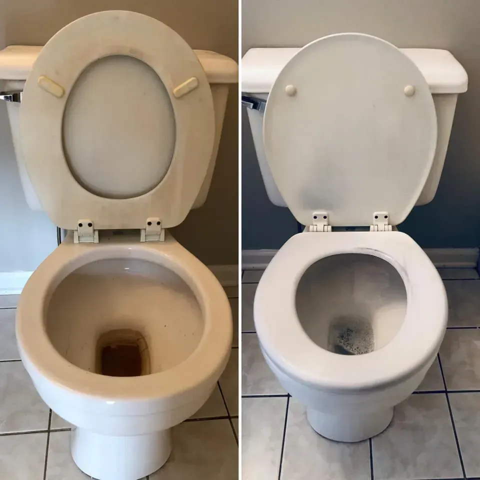 Before and after of a toilet cleaning. The dirty toilet on the left is compared to the clean toilet on the right.