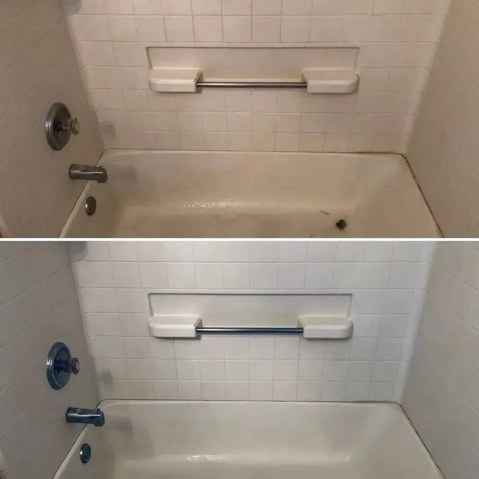 Before and after view of a white tiled bathtub with soap dish and faucet, now cleaned.