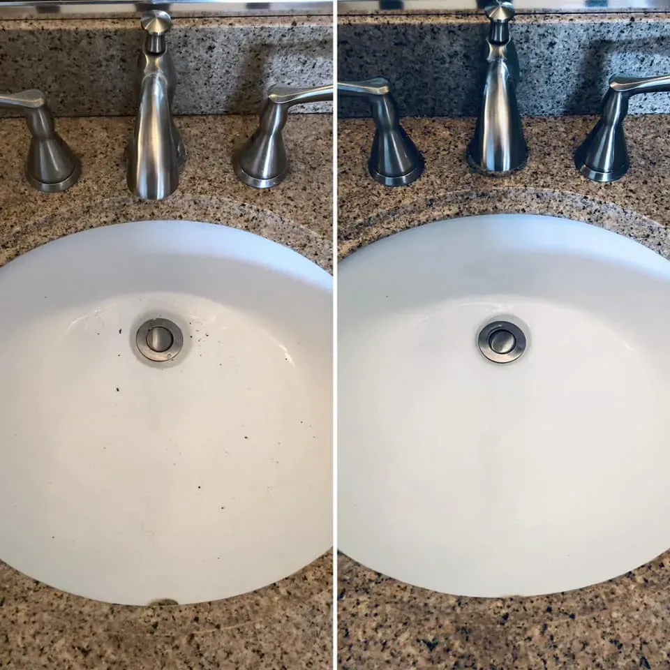 Bathroom sink before and after cleaning. White sink with silver fixtures. The
