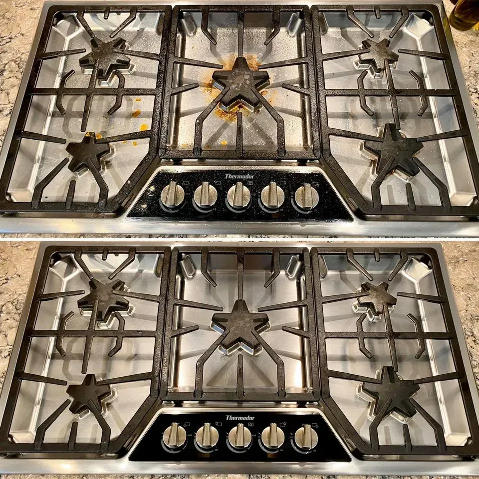 Before and after of a stainless steel gas stovetop cleaning. Top image is dirty with grime, bottom is clean.