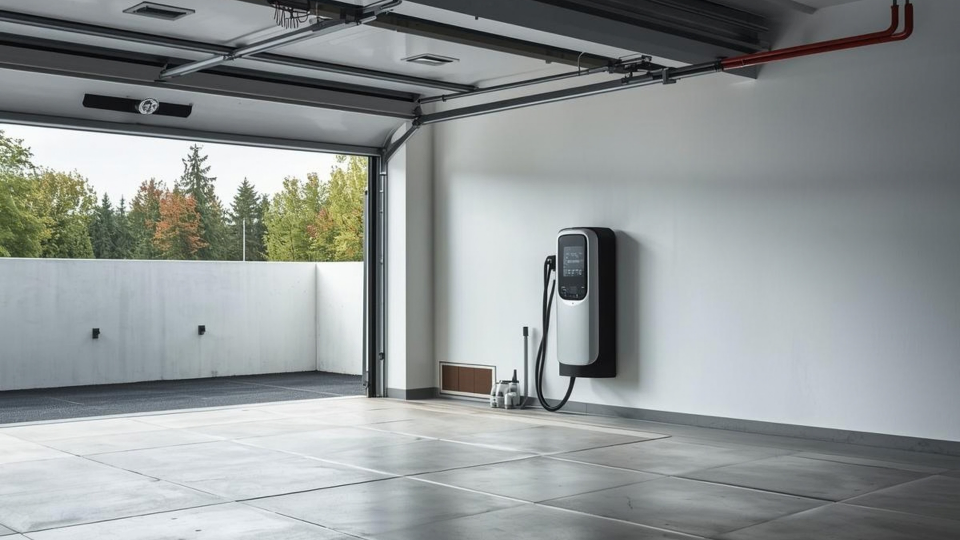 A modern electric vehicle charging station mounted on a white wall inside a spacious, empty garage with concrete floors.
