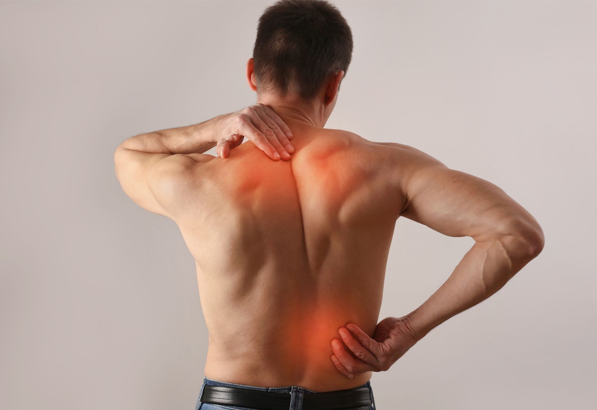 Man With Shirtless Torso, Touching Neck — Dive Chiropractic in Mermaid Beach, QLD