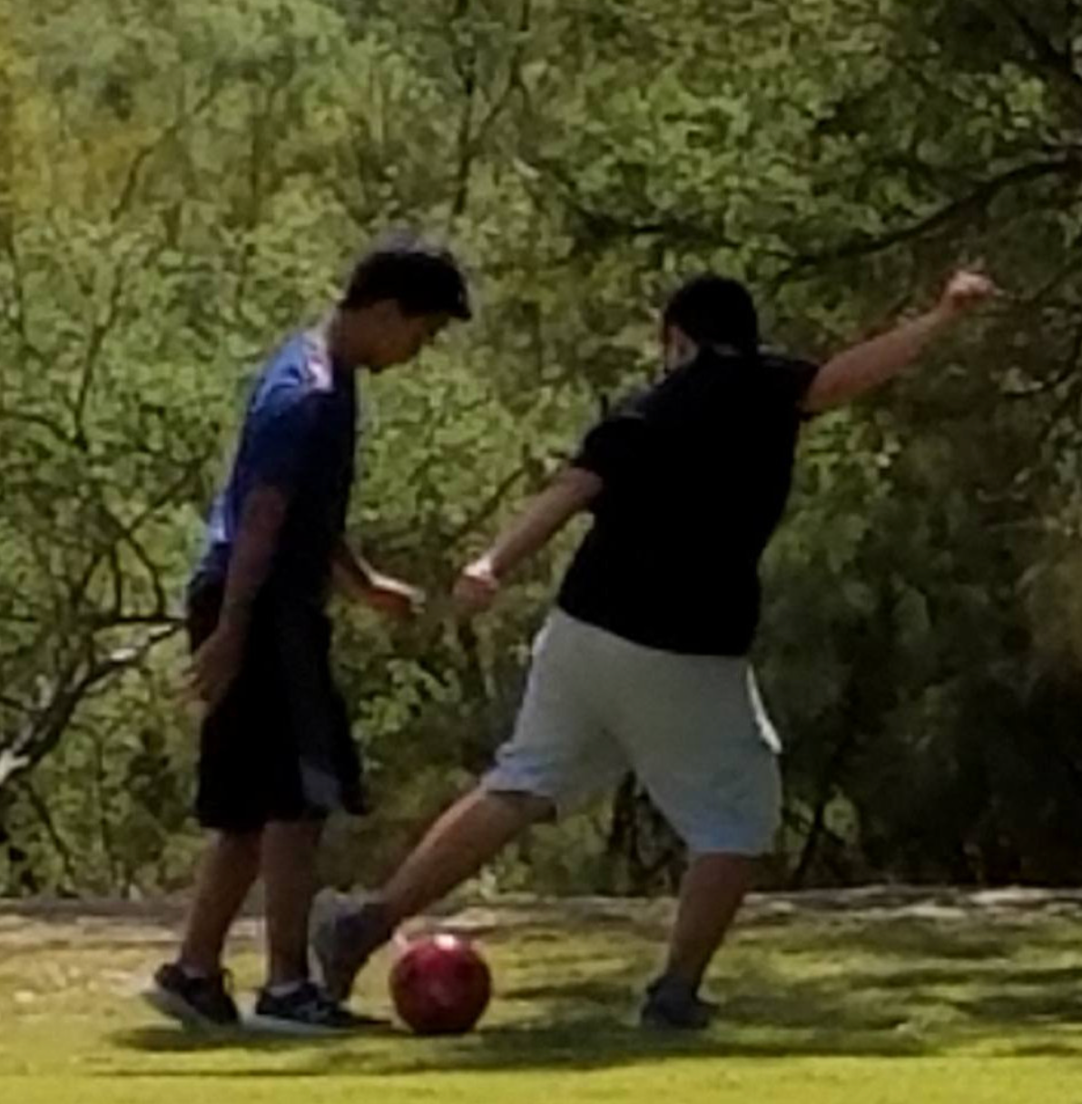 Two men are playing soccer on a lush green field.