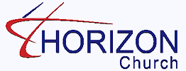 The logo for horizon church is blue and red with a cross in the middle.
