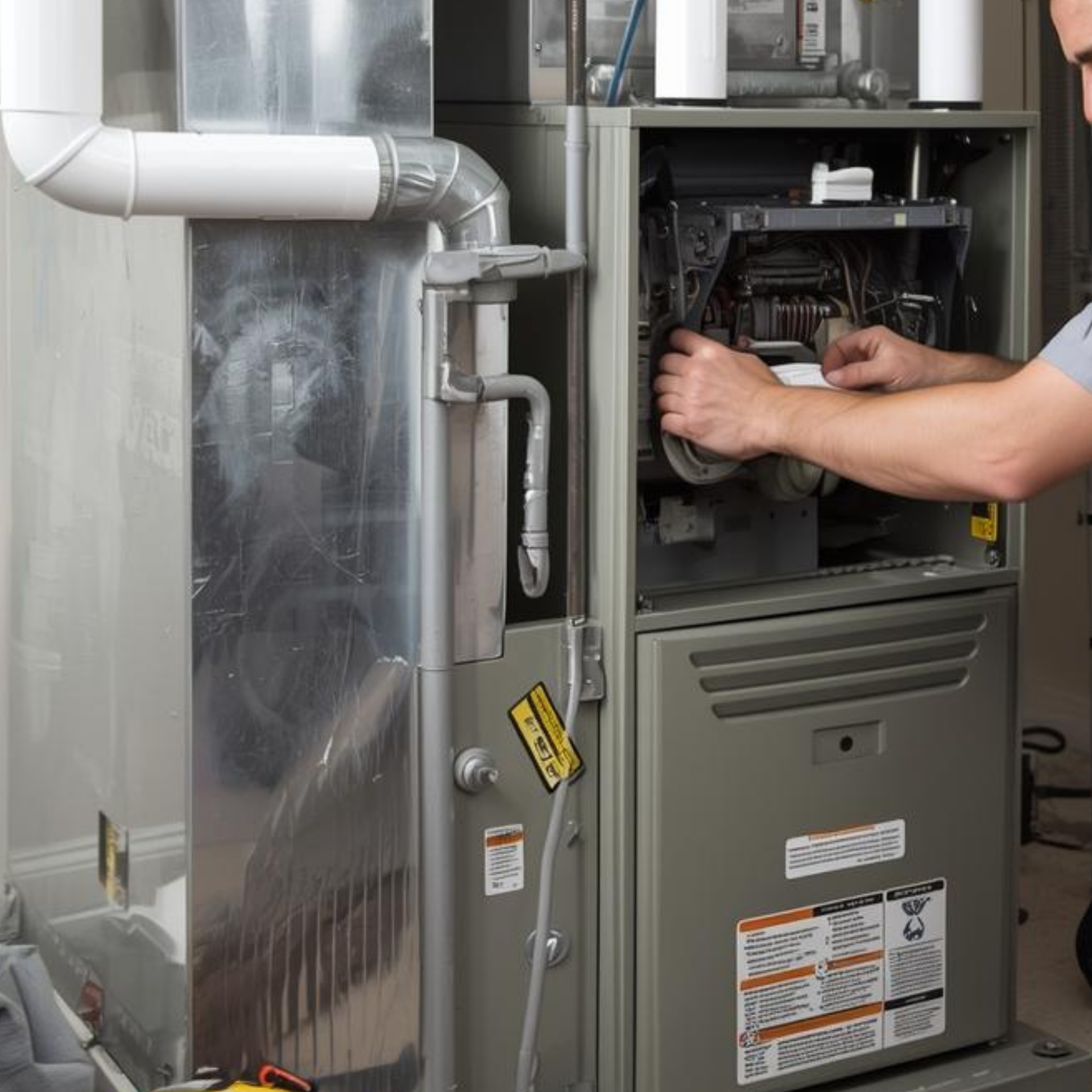 Technician repairing an open furnace unit beside metal ductwork in a utility room