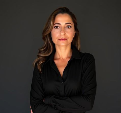 Woman with brown hair in a black shirt, arms crossed, looking at the camera against a gray background.