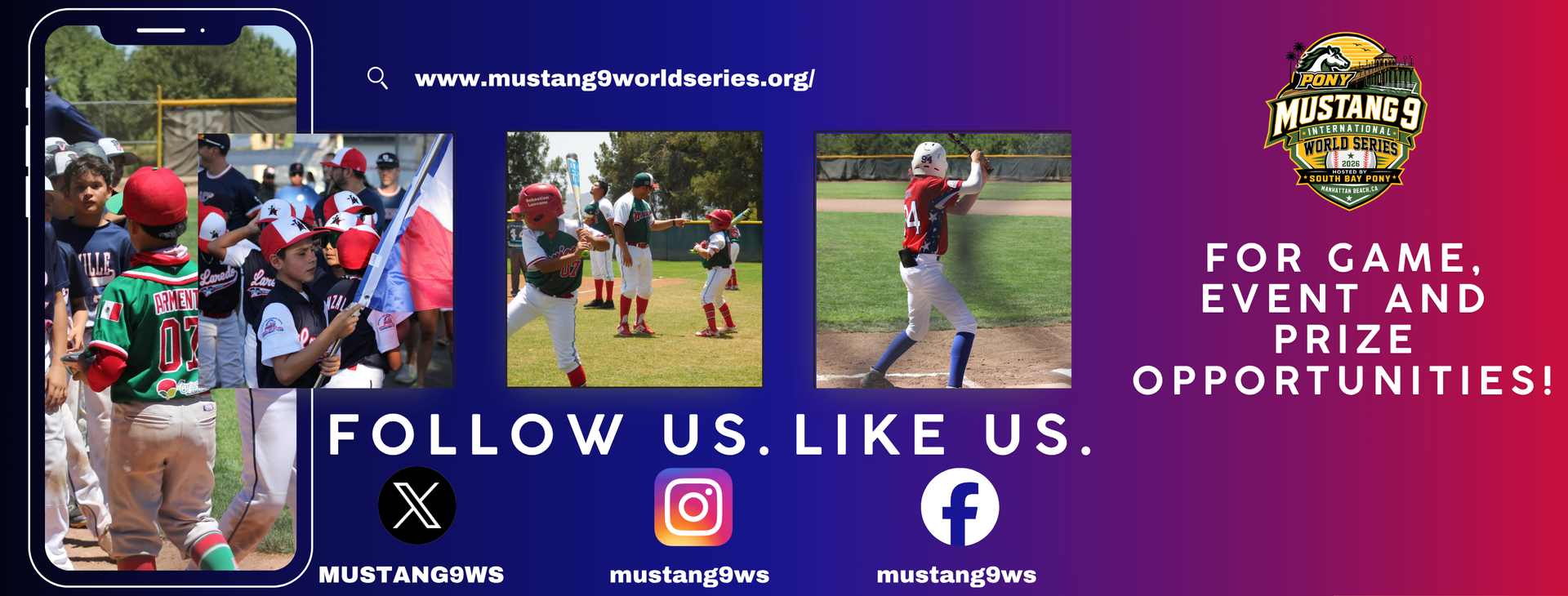 Purple youth baseball recruiting banner with player photos, social media icons, and “FOR GAME, EVENT AND PRIZE OPPORTUNITIES” text