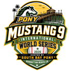 Blue-and-white horse head logo above red-and-blue MUSTANG-9 text