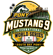 Blue-and-white horse head logo above red-and-blue MUSTANG-9 text