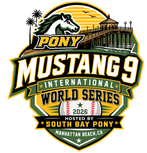 Blue-and-white horse head logo above red-and-blue MUSTANG-9 text