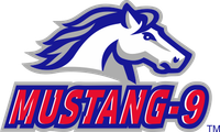 Blue-and-white horse head logo above red-and-blue MUSTANG-9 text