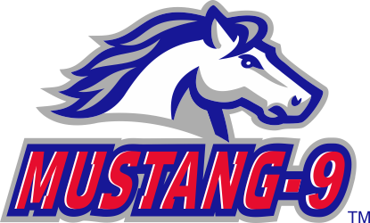 Blue mustang head logo above red-and-blue “MUSTANG-9” text on white background