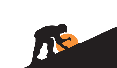 A man is pushing a ball up a hill with a hammer.