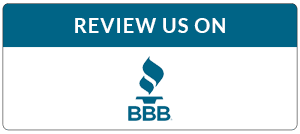 A blue and white sign that says review us on bbb