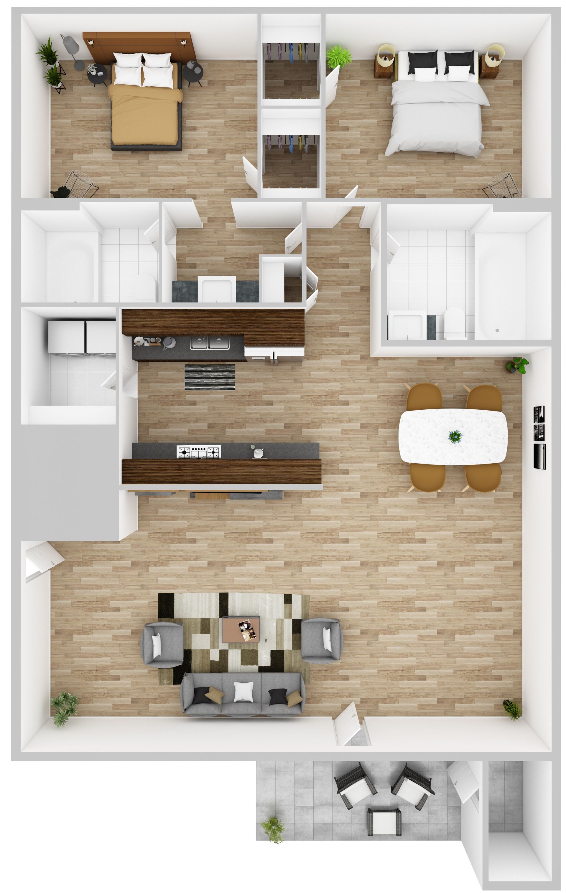 Floor plan: top-down view of a two-bedroom apartment with kitchen, living room, dining area, and outdoor patio.