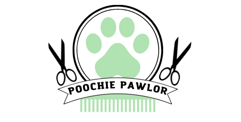 A logo for poochie pawlor with a paw print and scissors