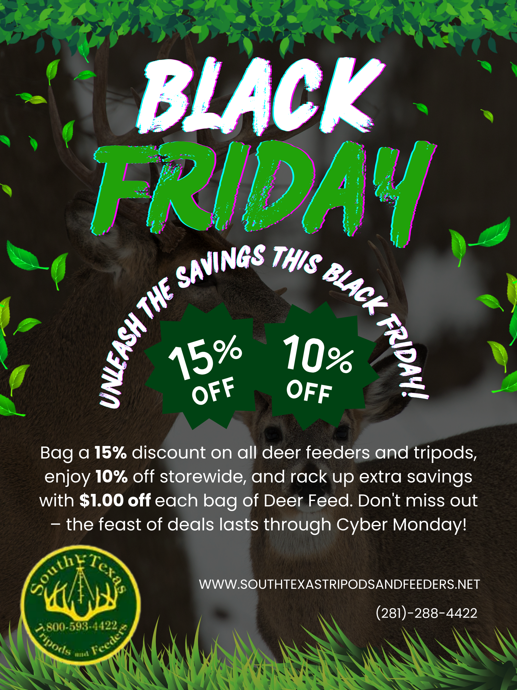 A black friday advertisement with a tree in the background.
