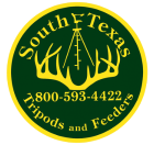 The logo for south texas tripods and feeders is green and yellow.