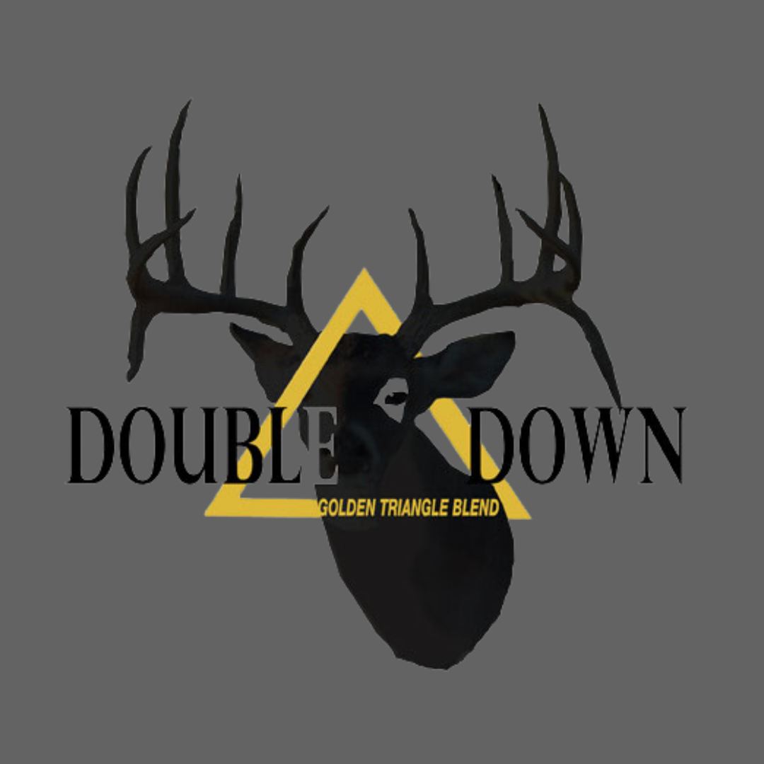 A logo for double down golden triangle blend with a deer head