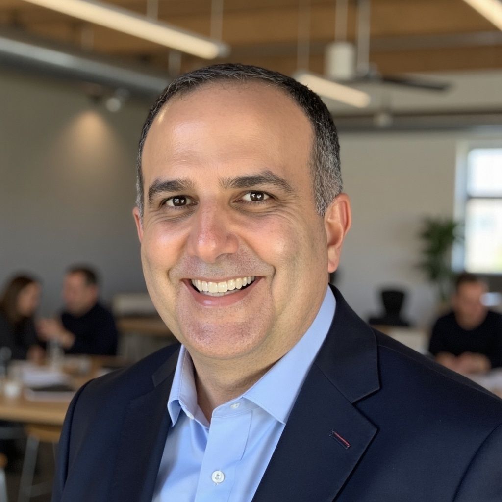 A man in a suit and blue shirt is smiling for the camera.