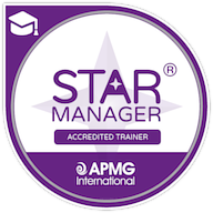 A purple and white logo for a star manager accredited trainer.
