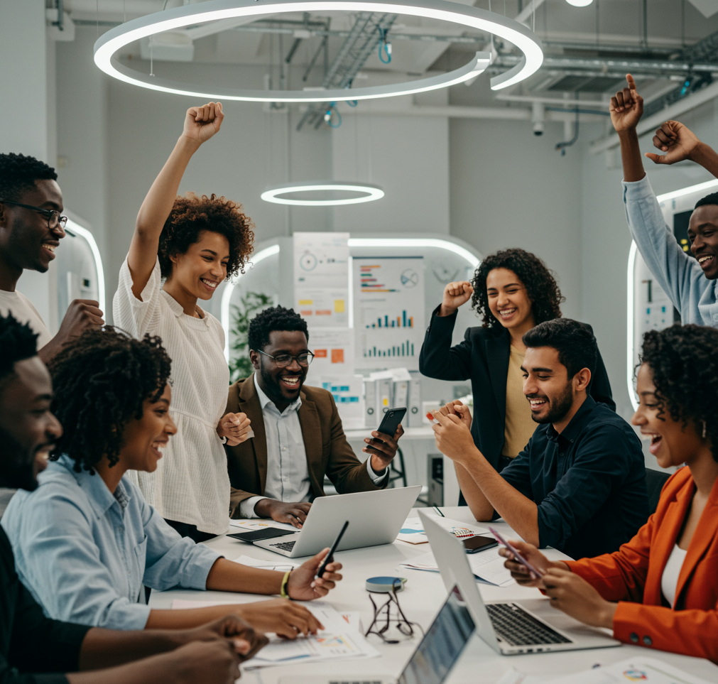 A group of people are sitting around a table with laptops.