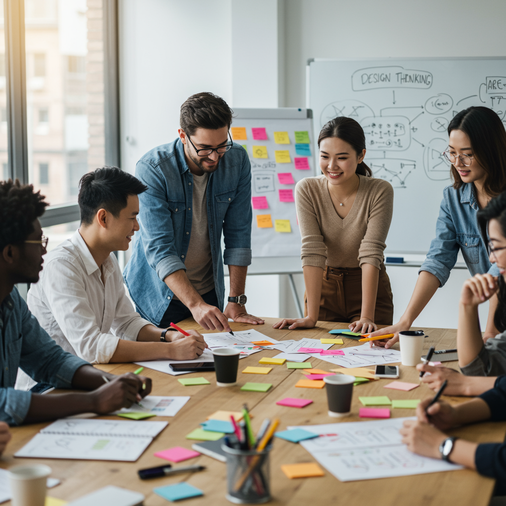 A group of people are sitting around a table with sticky notes on it.