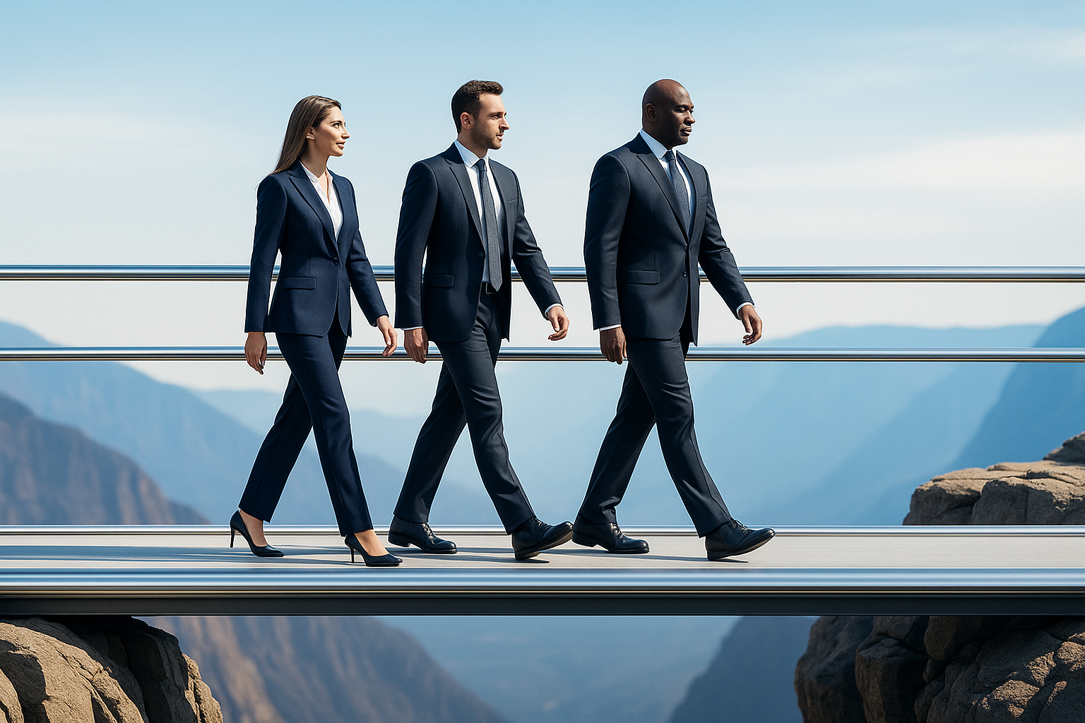 Three people in suits are walking across a bridge over a cliff.