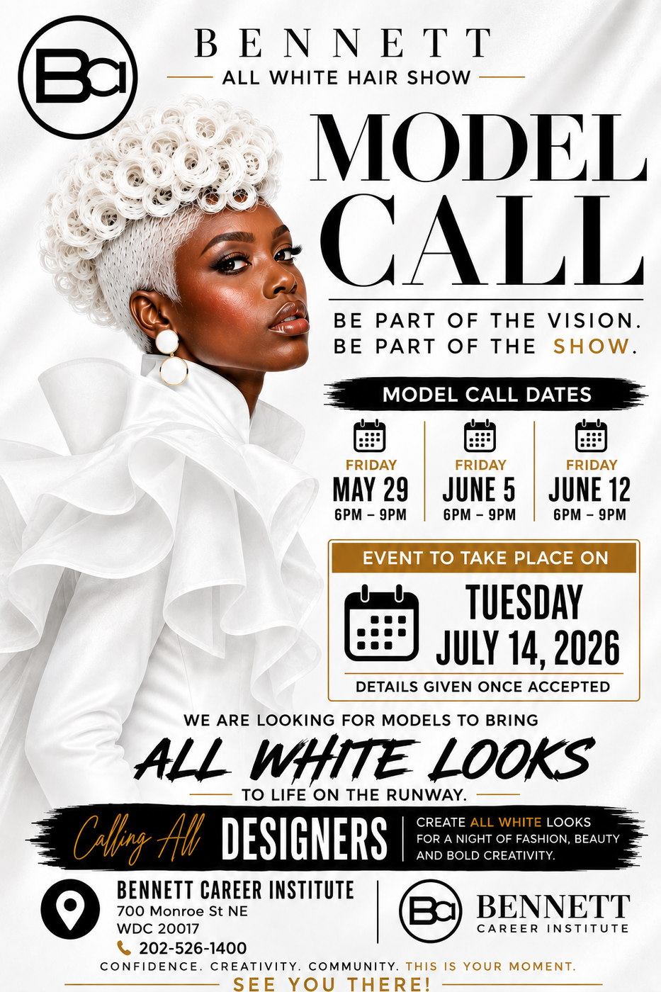 Bennett Model Call flyer with model dates, event details, and text in black, white, and gold on a white background